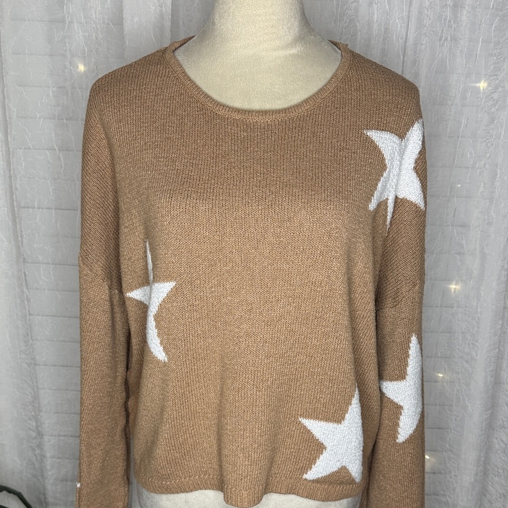 SHEIN Tan Sweater with White Star Accents